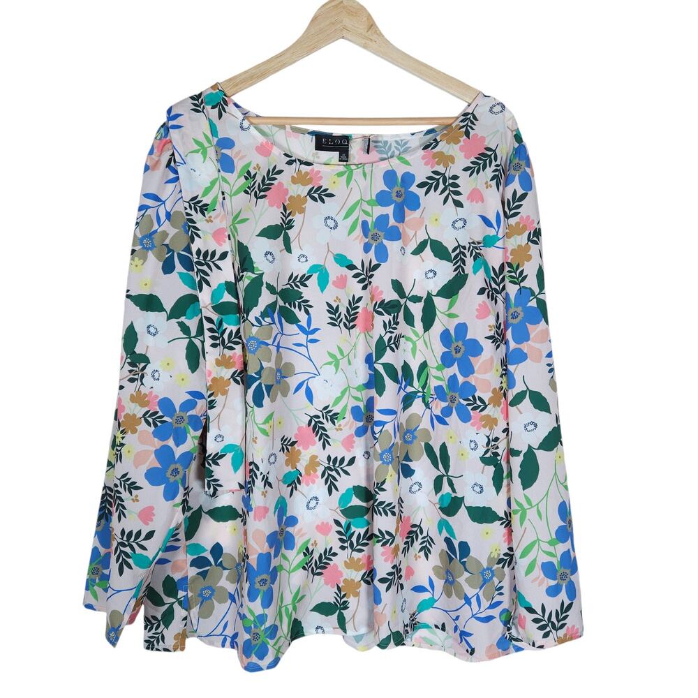 Eloquii Blouse Top 22 Plus Size Blue White Floral Boat Neck Long Sleeve Flowy